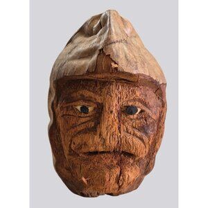 Hand-Carved Coconut Face Sculpture Rustic Folk Art Decor